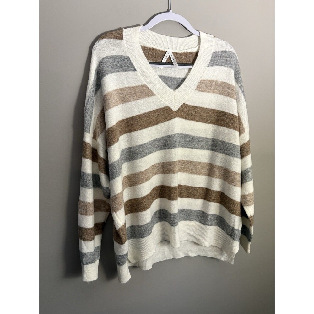 Dreamers Women’s Knit V-Neck Striped Oversized Sweater XL Ivory Brown Gray